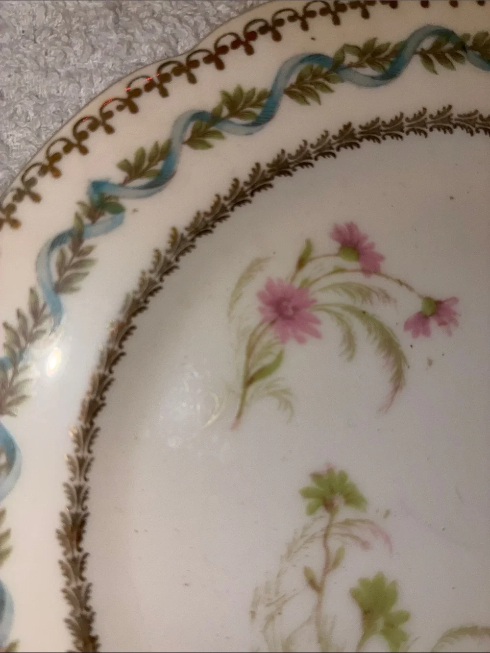 Antique Porcelain Flower Plate Daisy Roses Ribbons Applied Gold Pink Blue Green